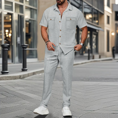 men light ripe casual solid color button pocket fashion Waffle trend shirt short-sleeved trousers two-piece set