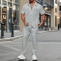 men light ripe casual solid color button pocket fashion Waffle trend shirt short-sleeved trousers two-piece set