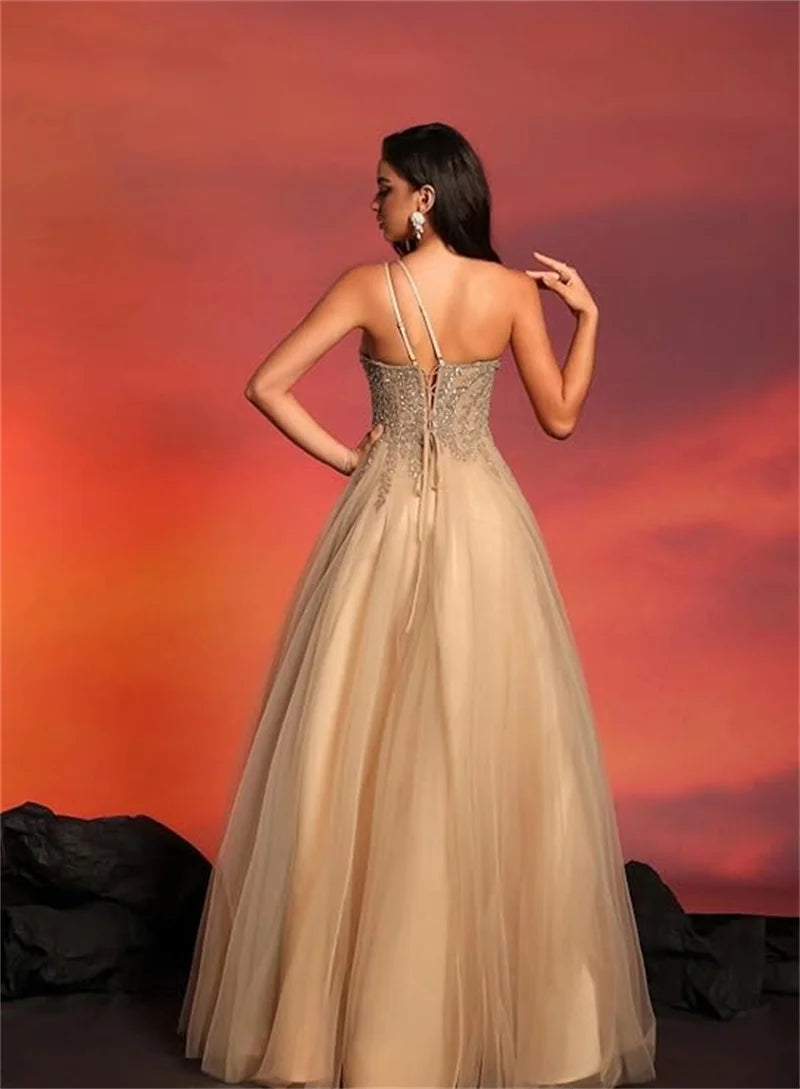 Customized Beaded Tulle Prom Dresses 2025 with Pockets Spaghetti Strap Formal Evening Dresses with Slit