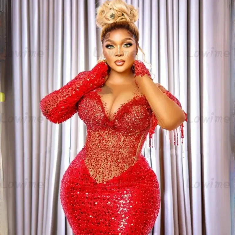 Red Elegant Plus Size African Prom Dresses 2025 Customized Long Sleeves Mermaid Evening Gowns Crystals Tassel Beaded Party Dress