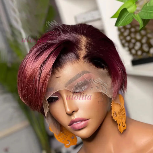13x4 Short Bob Wig 100% Human Hair Wig Pixie Cut Colored 99J straight Lace Frontal Human Hair Wigs for Women 180% Density