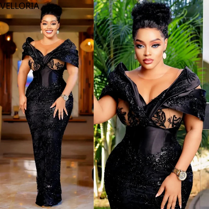 Black Sequin Aso Ebi Evening Gown Off Shoulder Beaded Mermaid Long Dress Formal Party Wear for Curvy Women Plus Size Customized
