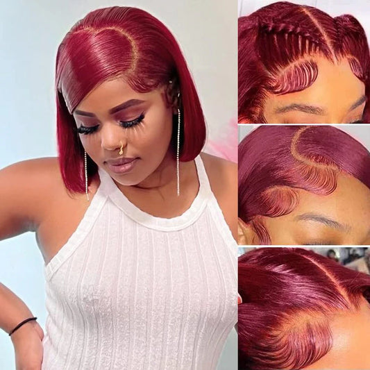 Hair 13*4 Straight Bob Wigs 100% Human Hair 99J Burgundy Color Glueless Bob Wig Bob Wig Brazilian Straight Lace Front Human Hair