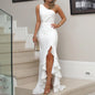 2024 New Women's White Graduation Prom Dress Sexy Irregular Ruffles Slit Long Party Dresses Ladies Sleeveless Evening Midi Robes