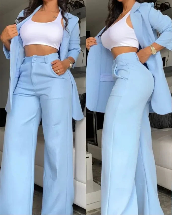 Two  Piece Sets Pants Turn Down Collar Single Breasted Tracksuit Outerwear Ankle Length Straight Pockets Loose
