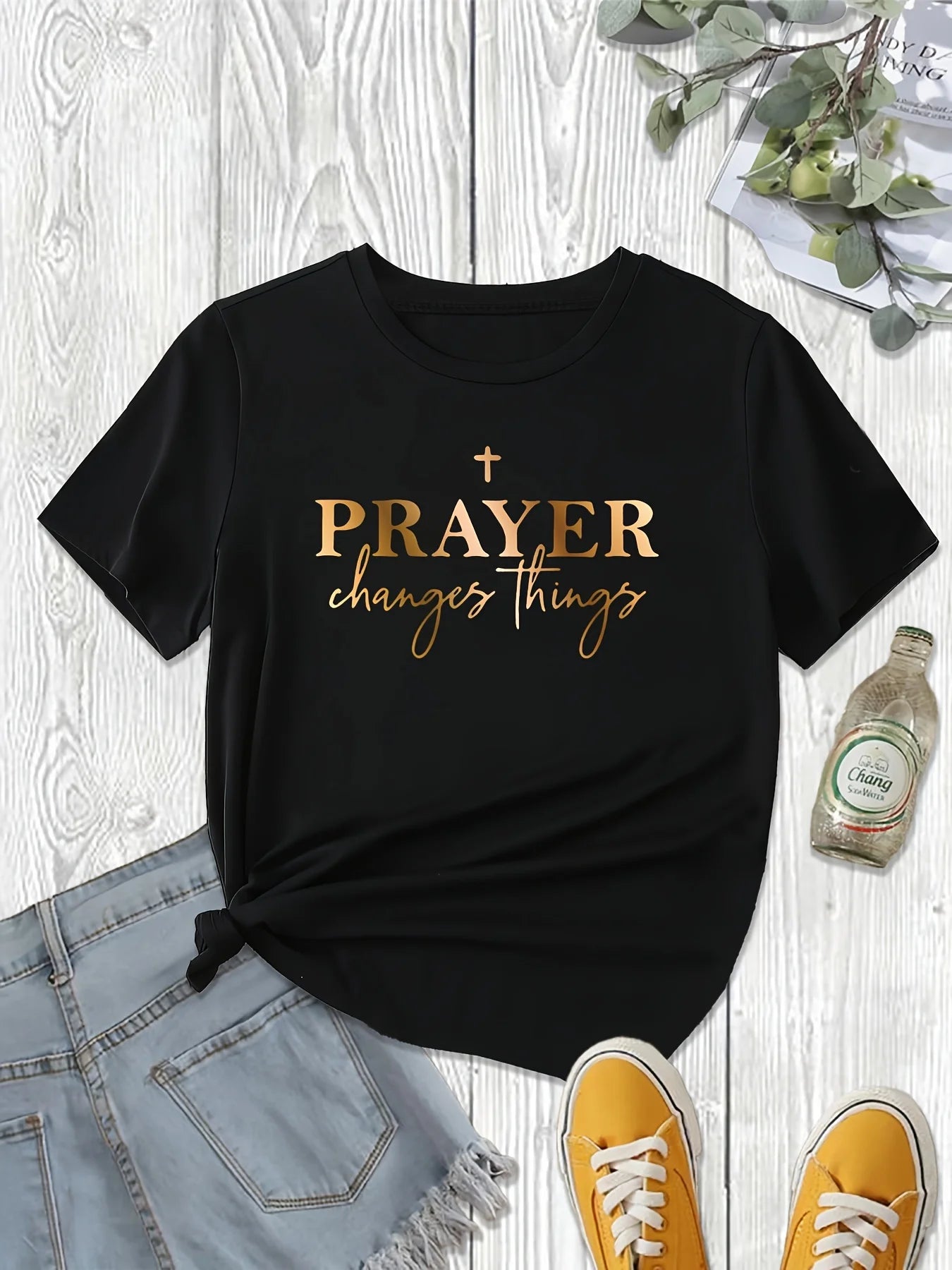 Prayer Print Crew Neck T-Shirt, Casual Short Sleeve Top For Spring & Summer, Women's Clothing
