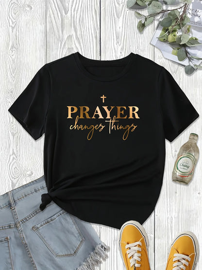 Prayer Print Crew Neck T-Shirt, Casual Short Sleeve Top For Spring & Summer, Women's Clothing