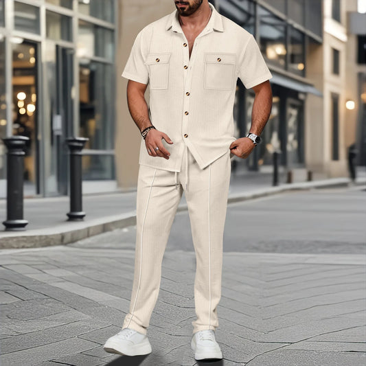 men light ripe casual solid color button pocket fashion Waffle trend shirt short-sleeved trousers two-piece set
