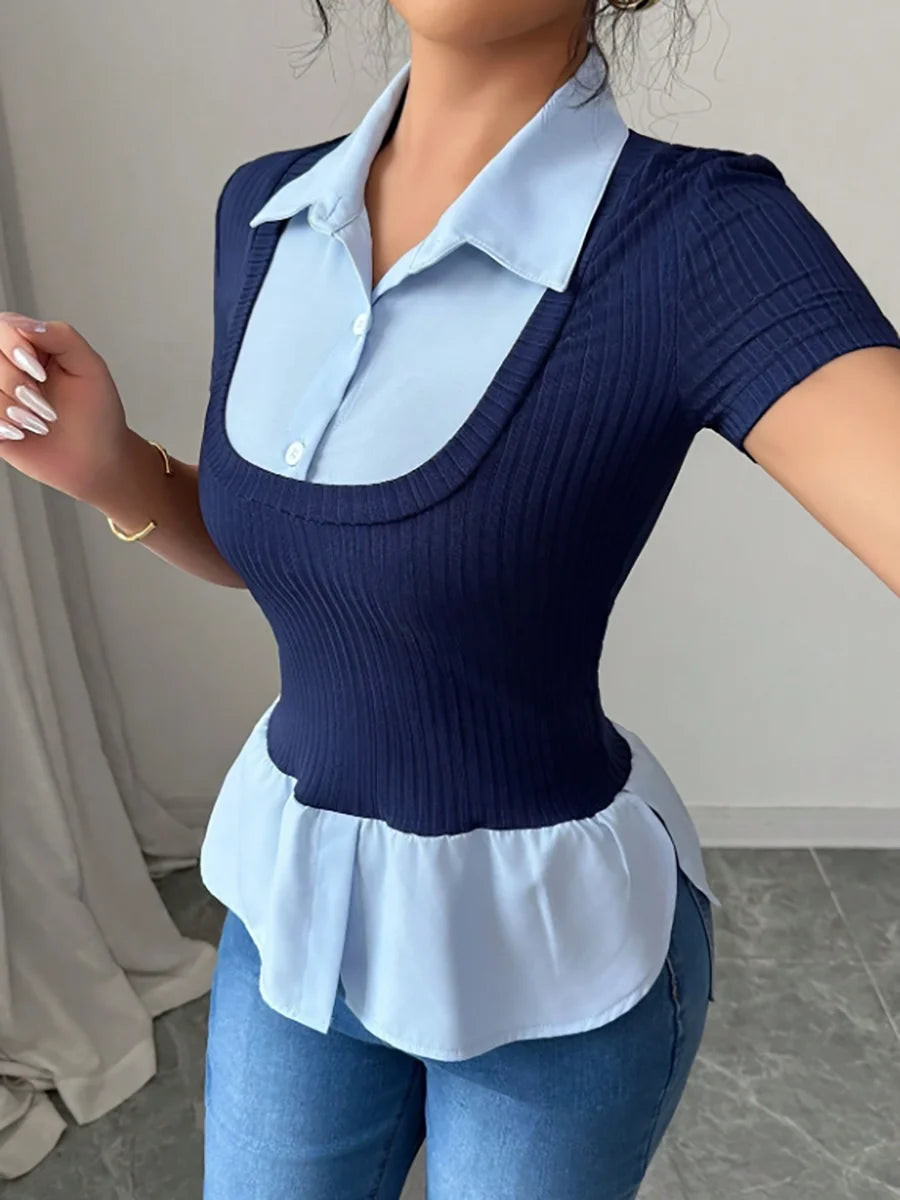 Women's T-shirt Spring Summer Navy Blue Light Blue Contrast Ruffle Hem Valentine's Day Elegant Casual Daily Office Top
