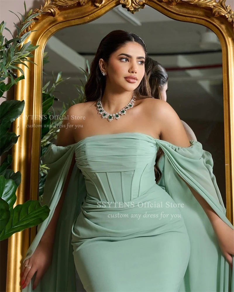 SSYTENS Green Chiffon Evening Dresses Mermaid Formal Occasion Dresses Cape Sleeves Off Shoulder Women Prom Party Gown Customized