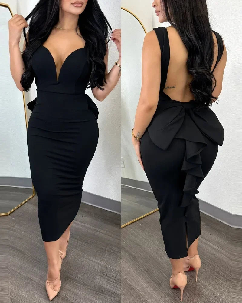 Party Dresses Women Plunging V-neck Sleeveless Backless Bowknot Ruffles Back Bodycon Midi Dress