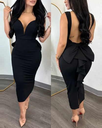 Party Dresses Women Plunging V-neck Sleeveless Backless Bowknot Ruffles Back Bodycon Midi Dress
