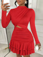 White Gold Floral Print Long Sleeve Cut-Out Mini Dress with Ruched Waist