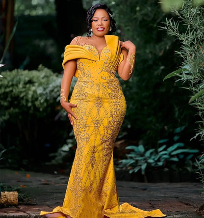 Gold African Aso Ebi Evening Dresses Mermaid Long Sleeves Lace Beaded Formal Party Gown Prom Dresses For Black Girls Customized