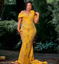 Gold African Aso Ebi Evening Dresses Mermaid Long Sleeves Lace Beaded Formal Party Gown Prom Dresses For Black Girls Customized