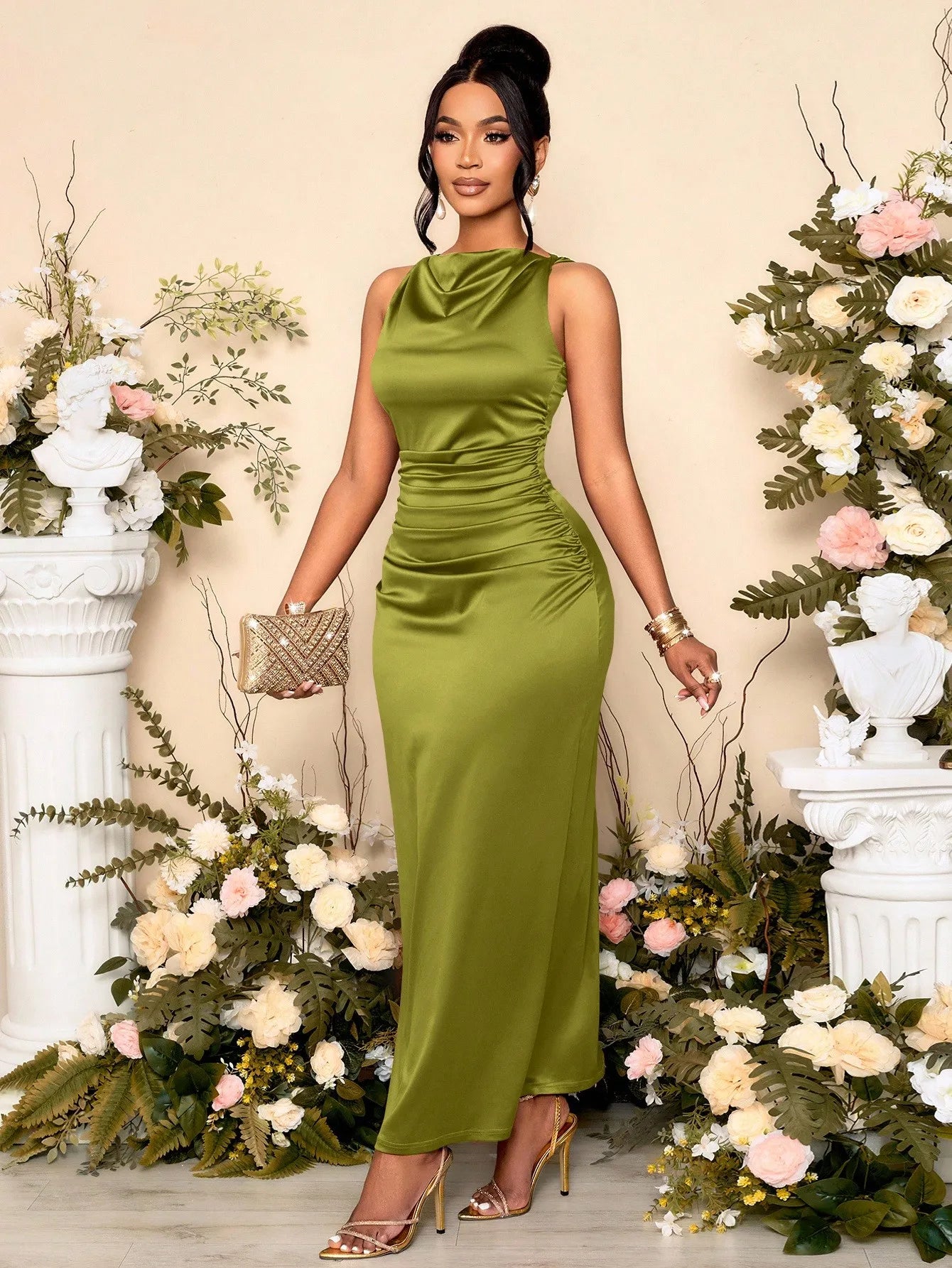 SOLERSUN Women's Elegant Solid Color Drape Neck Ruched Sleeveless Party Dress,Perfect For Banquets