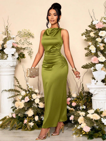 SOLERSUN Women's Elegant Solid Color Drape Neck Ruched Sleeveless Party Dress,Perfect For Banquets