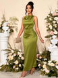 SOLERSUN Women's Elegant Solid Color Drape Neck Ruched Sleeveless Party Dress,Perfect For Banquets
