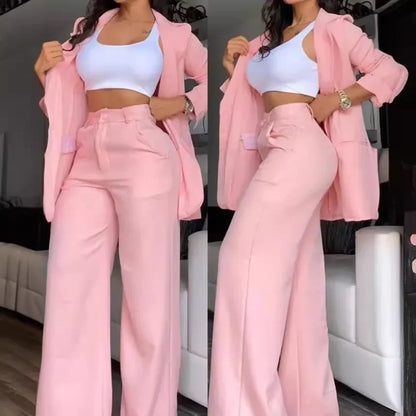 Two  Piece Sets Pants Turn Down Collar Single Breasted Tracksuit Outerwear Ankle Length Straight Pockets Loose