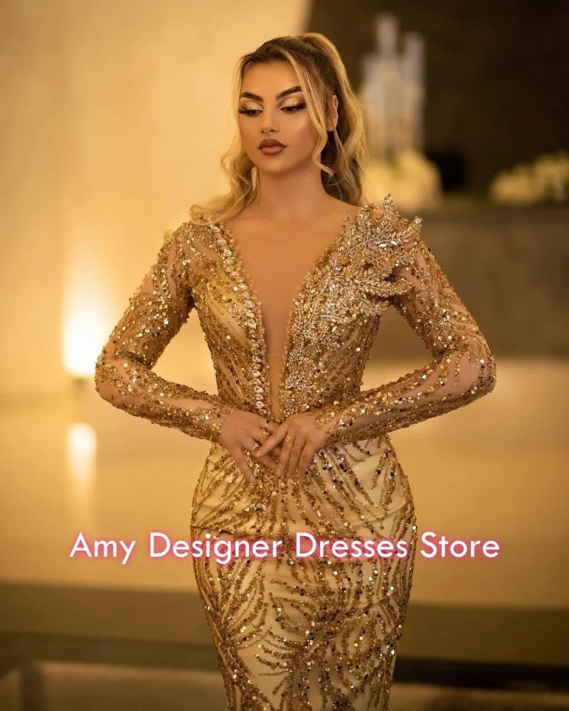 Gorgeous Gold Evening Dresses Sequin Crystal Mermaid Party Dress Sheer Neck German Prom Gowns Long Sleeves Customized