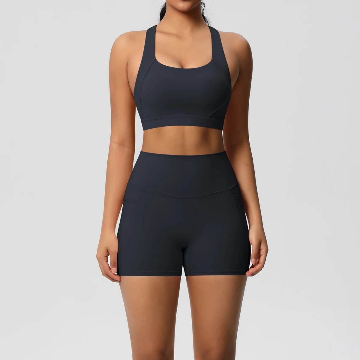 2PCS Sets Sportswear With Pocketed Yoga Suits For Women  Sports Shorts Crossover Bra Gym Leggings