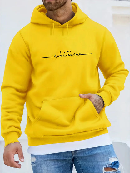 Men's winter casual fashion loose plus size simple letter printed fleece pullover long sleeved hooded sweatshirt