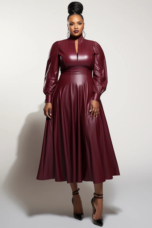 Plus Size Cocktail Party Burgundy Mock Neck Lantern Sleeve Long Sleeve PU Leather Midi Dresses