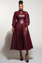 Plus Size Cocktail Party Burgundy Mock Neck Lantern Sleeve Long Sleeve PU Leather Midi Dresses