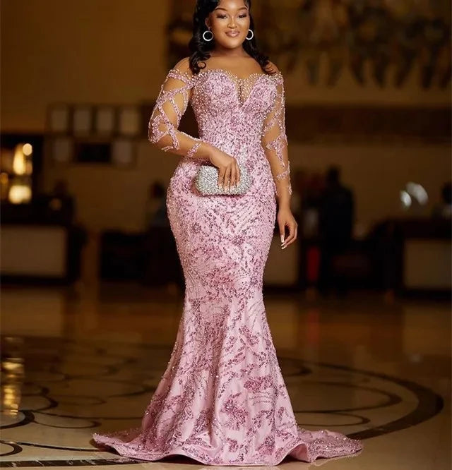 Pink African American Prom Dresses Mermaid Long Sleeves Lace Beaded Black Girls Nigeria Robe De Soiree Evening Gown Customized