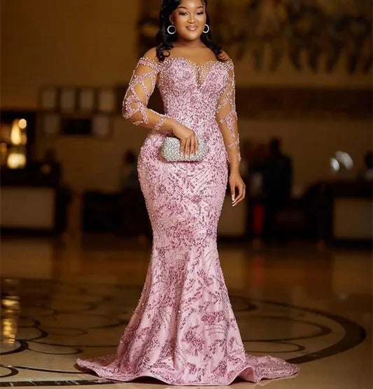 Pink African American Prom Dresses Mermaid Long Sleeves Lace Beaded Black Girls Nigeria Robe De Soiree Evening Gown Customized