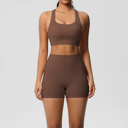 2PCS Sets Sportswear With Pocketed Yoga Suits For Women  Sports Shorts Crossover Bra Gym Leggings