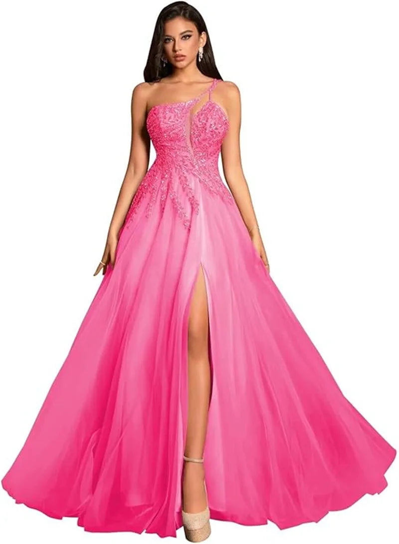 Customized Beaded Tulle Prom Dresses 2025 with Pockets Spaghetti Strap Formal Evening Dresses with Slit