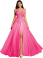 Customized Beaded Tulle Prom Dresses 2025 with Pockets Spaghetti Strap Formal Evening Dresses with Slit
