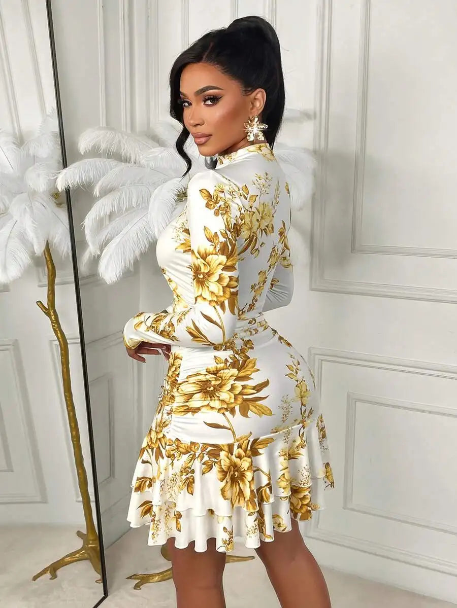 White Gold Floral Print Long Sleeve Cut-Out Mini Dress with Ruched Waist