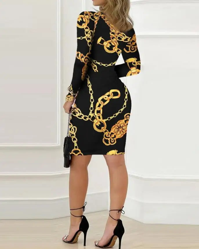 Elegant and Pretty Women's Dresses 2025 Fashion Sexy Deep V-Neck Baroque Chain Print Twist Detail Party Dress Female Clothing