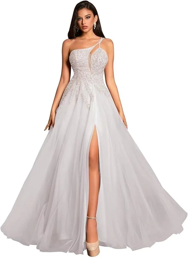 Customized Beaded Tulle Prom Dresses 2025 with Pockets Spaghetti Strap Formal Evening Dresses with Slit