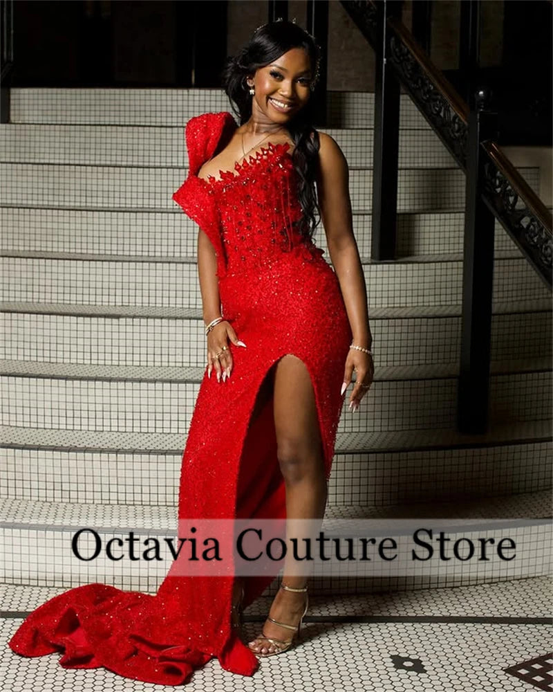 Aso Ebi Red Tassels Crystal Mermaid Evening Dresses 2025 Beaded African Wedding Party Gowns For Women Prom Dress Customized