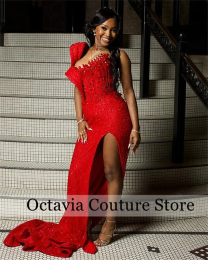 Aso Ebi Red Tassels Crystal Mermaid Evening Dresses 2025 Beaded African Wedding Party Gowns For Women Prom Dress Customized