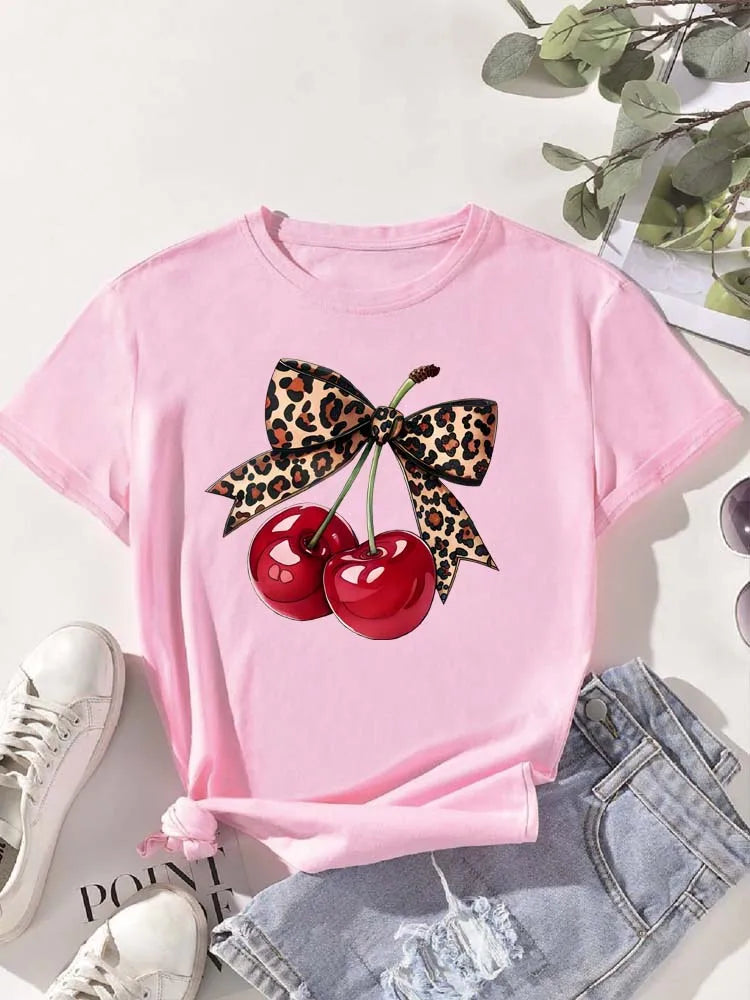 Fashion Cherry Print Women T-Shirt Short Sleeve Crew Neck Casual Tops for Summer Spring Women's Clothing Tops