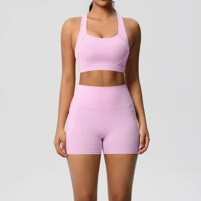 2PCS Sets Sportswear With Pocketed Yoga Suits For Women  Sports Shorts Crossover Bra Gym Leggings