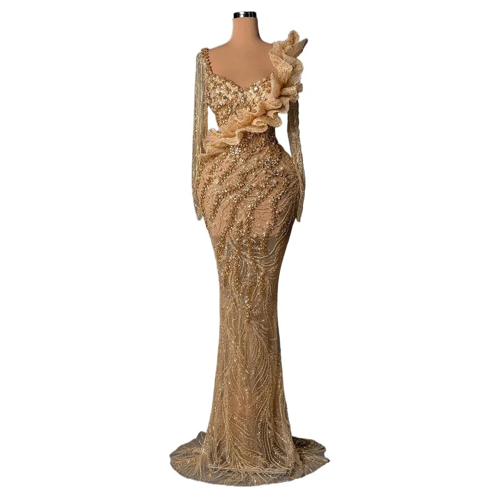 Luxury Gold Crystal Evening Dresses Pearls Square Neck Sequins Customized Party Gowns Vestidos De Noche