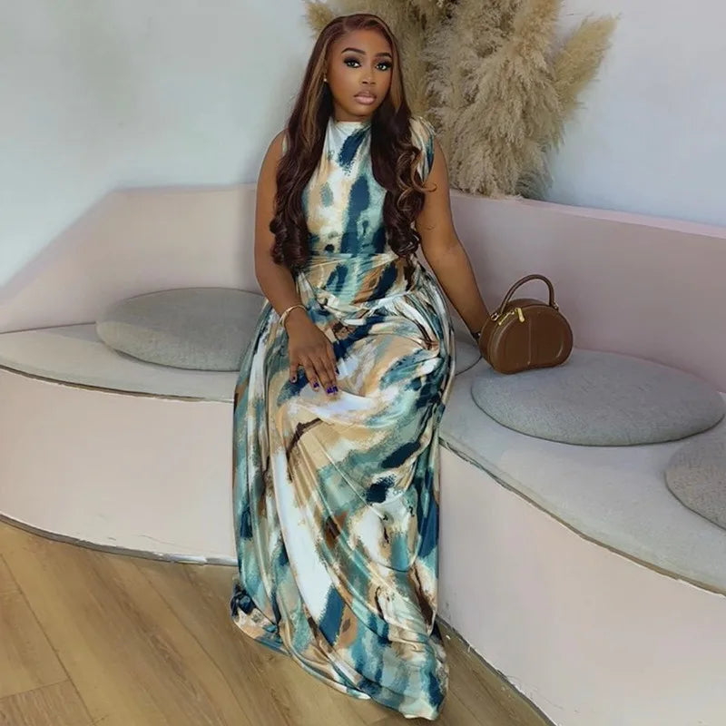 Women Sexy O-neck Sleeveless Dress Fashion Sundress Print Long Dresses Casual Street Party Maxi Dress Femme Vestidos