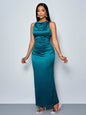 SOLERSUN Women's Elegant Solid Color Drape Neck Ruched Sleeveless Party Dress,Perfect For Banquets