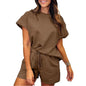 Women's Cotton Set Casual Loose Solid Color Two piece Set Round Neck Short sleeved Top and Shorts Two piece Set S-2XL