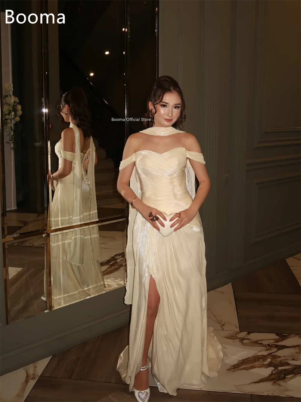 Booma Mermaid Off The Shoulder Side Split Evening Dresses Formal Party Gowns for Women Shiny Pleat Elegant Prom Gown Customize