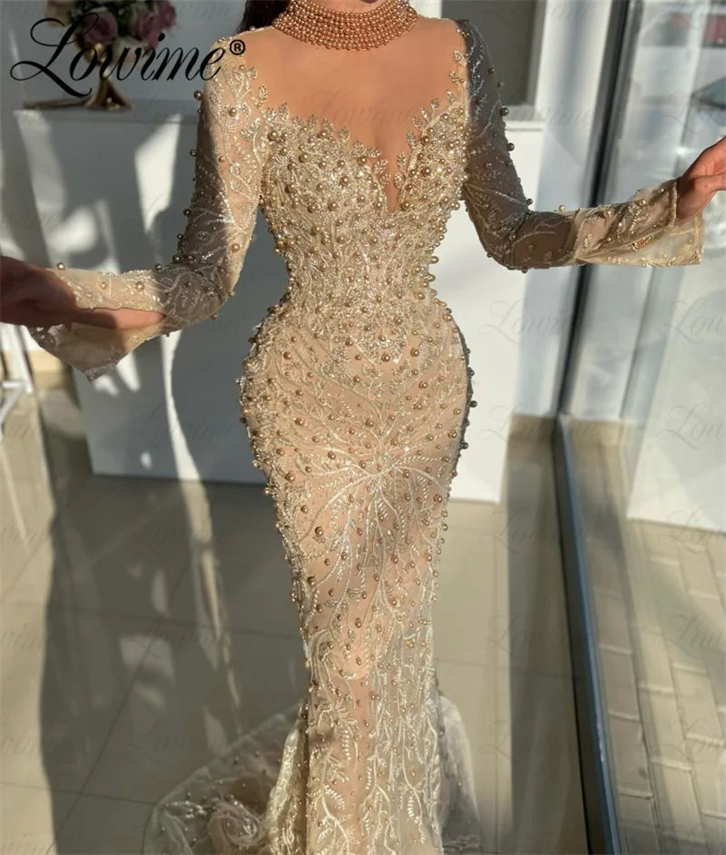 Champagne Long Sleeves Wedding Party Dress Mermaid Beaded Elegant Evening Gowns Arabic Prom Dresses Robes De Soirée Customized