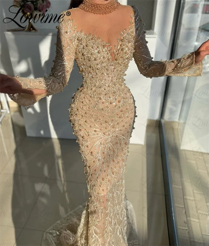 Champagne Long Sleeves Wedding Party Dress Mermaid Beaded Elegant Evening Gowns Arabic Prom Dresses Robes De Soirée Customized