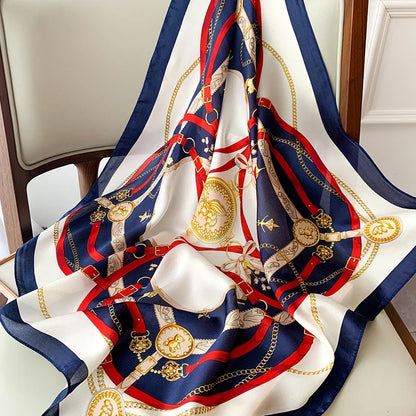 70cm Chain Print Silk Satin Hair Scarf Women Handkerchief Printed Female Square Head Bandana Small Neck Muffler Hijab Lady Girl