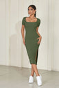 Summer Dresses for Women square neck hip-covering mid-length skirt short-sleeved versatile knitted slit dress