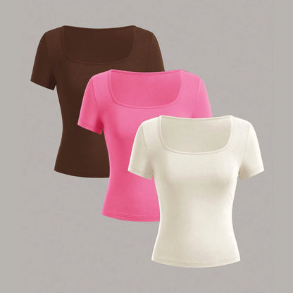 3 pieces  Summer Slimming T-shirt Women's Sexy Short Sleeve T-shirt U-neck Women's Solid Color Basic Korean Top Hot Y2k